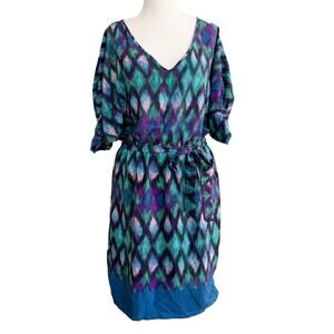 Presley Skye Laura Blouson Dress Blue 100% Silk Geo Print 3/4 Sleeve Tie Size PM